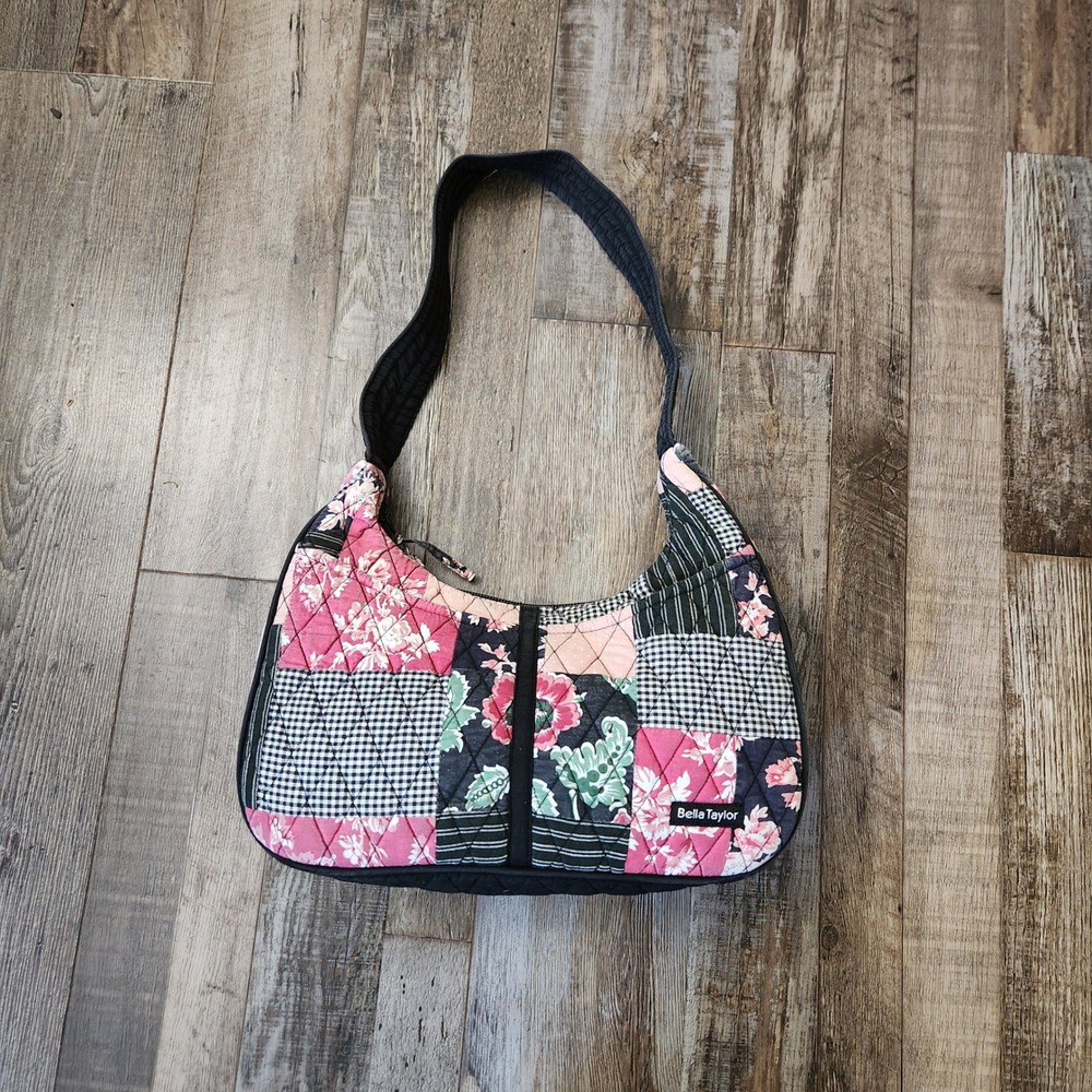 Bella Taylor Quilted Patchwork Shoulder Bag Pink Black Floral Gingham Hobo Purse